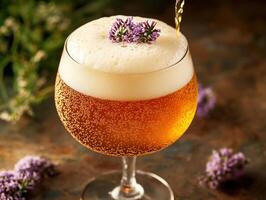 Refreshing craft beer served in a glass with floral garnish photo