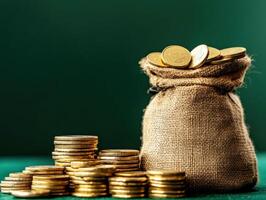 Collection of coins in a burlap sack with gold coins scattered nearby photo