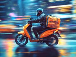 Delivery rider navigating city streets in rain during nighttime photo