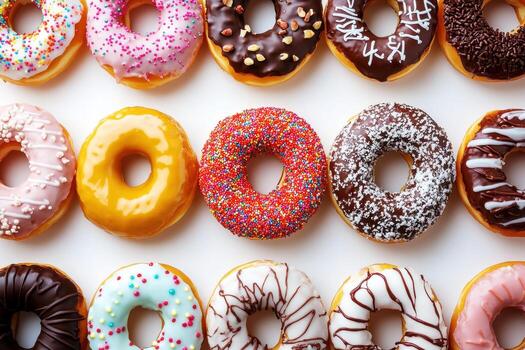 Assorted colorful donuts arranged perfectly on a table photo