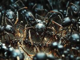 Close-up view of black ants interacting in their colony photo