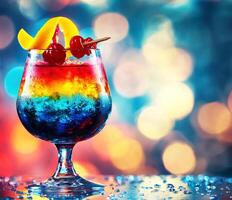 Colorful cocktail with cherries and citrus garnish on a bar photo