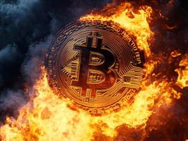 Bitcoin symbol engulfed in flames representing volatility and risk photo