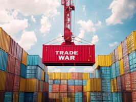 Crane lifting a red container labeled trade war at a shipping yard photo