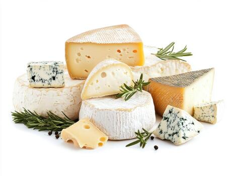 Selection of various cheeses with herbs and spices on white background photo