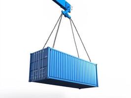 Blue shipping container being lifted by crane at construction site photo