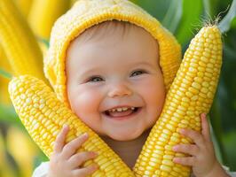 Child smiles widely while holding fresh corn in a sunny garden photo