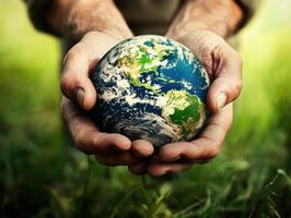 Hands holding a globe represent care for the Earth and nature photo