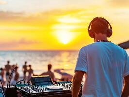 DJ performs at sunset beach party in tropical location photo