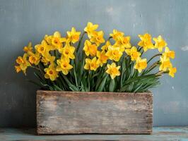 Bright yellow daffodils arranged in rustic wooden planter photo