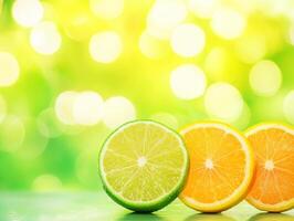 Fresh citrus fruits display highlights vibrant green background photo