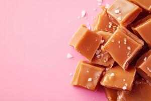 Smooth caramel pieces scattered on vibrant pink background photo