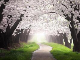 Pathway surrounded by blooming cherry trees in springtime photo