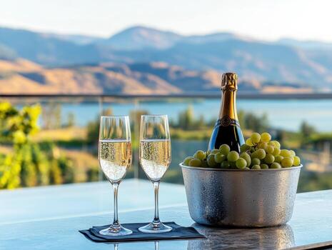 Charming waterfront setting with sparkling wine and fresh grapes photo