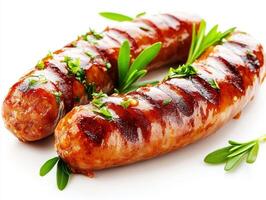 Grilled sausages garnished with fresh herbs on a white photo