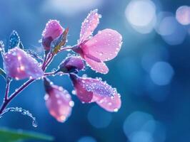 Beautiful pink flowers with droplets in tranquil blue background photo