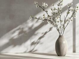 Elegant white flowers in a simple vase in soft sunlight photo