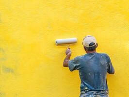 Man painting a bright yellow wall with a roller in sunlight photo