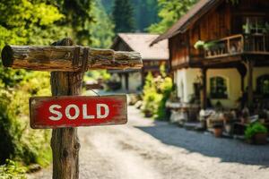 Charming countryside property with sold sign and lush greenery photo