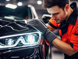 Car detailing session with a technician in a workshop setting photo
