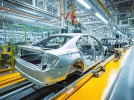 Car manufacturing process in a modern assembly line facility photo