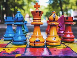Colorful oversized chess pieces in a park setting photo
