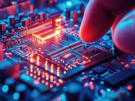 Detailed close-up of a hand operating a circuit board at night photo