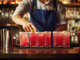 Bartender preparing refreshing cocktails at a lively bar photo