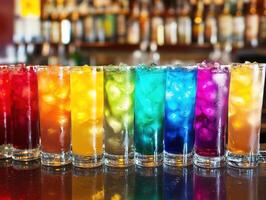 Colorful array of refreshing drinks lined up at bar photo