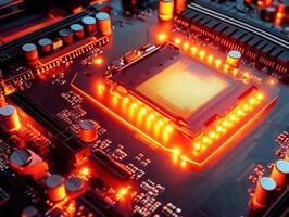 A detailed view of a computer motherboard illuminated by red lights photo