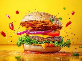 Freshly made burger with vibrant toppings and sauces photo