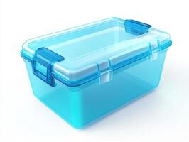 Transparent storage container with blue clips for organizing items photo