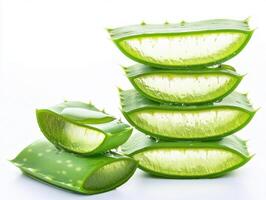 Freshly cut aloe vera stacked against a plain background photo