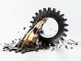 Metal gear with flowing oil against a white background photo