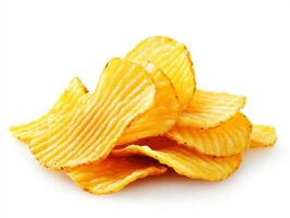 Crispy potato chips stacked on a clean white background photo