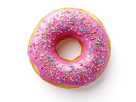 Delicious pink frosted donut topped with colorful sprinkles photo