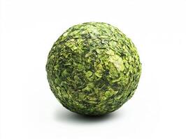 Unique green sphere made of layered leaves on white background photo