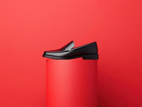 Stylish black loafers displayed on a red pedestal in a studio photo
