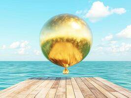 Golden balloon floats above serene ocean on sunny day photo