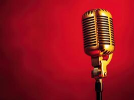 Classic microphone on stand with red background in music setting photo
