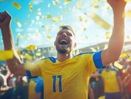 Excitement of fans celebrating victory during a soccer match photo