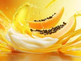 Fresh papaya and yogurt splash creating vibrant fruit scene photo