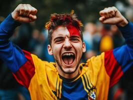 Cheering fan celebrating with painted face at outdoor event photo