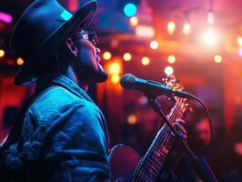 Musician performs passionately under vibrant lights photo
