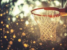 Basketball hoop with sunlight creating a magical atmosphere photo