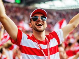 Cheering fan enjoys sports event with enthusiasm and pride photo