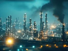 Night view of an industrial complex with smoke and lights photo