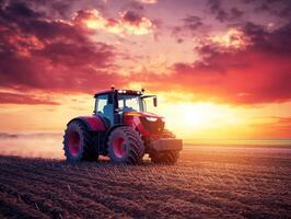 Tractor working in the field during a vibrant sunset photo