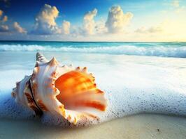 Shell resting on sandy shore with ocean waves at sunset photo