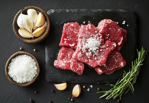 Fresh cuts of beef with seasonings and garlic on a dark surface photo